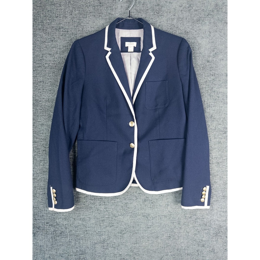 J.Crew Navy Blue Wool Blend Blazer Womens 6 White Trim Gold Buttons Nautical Lin